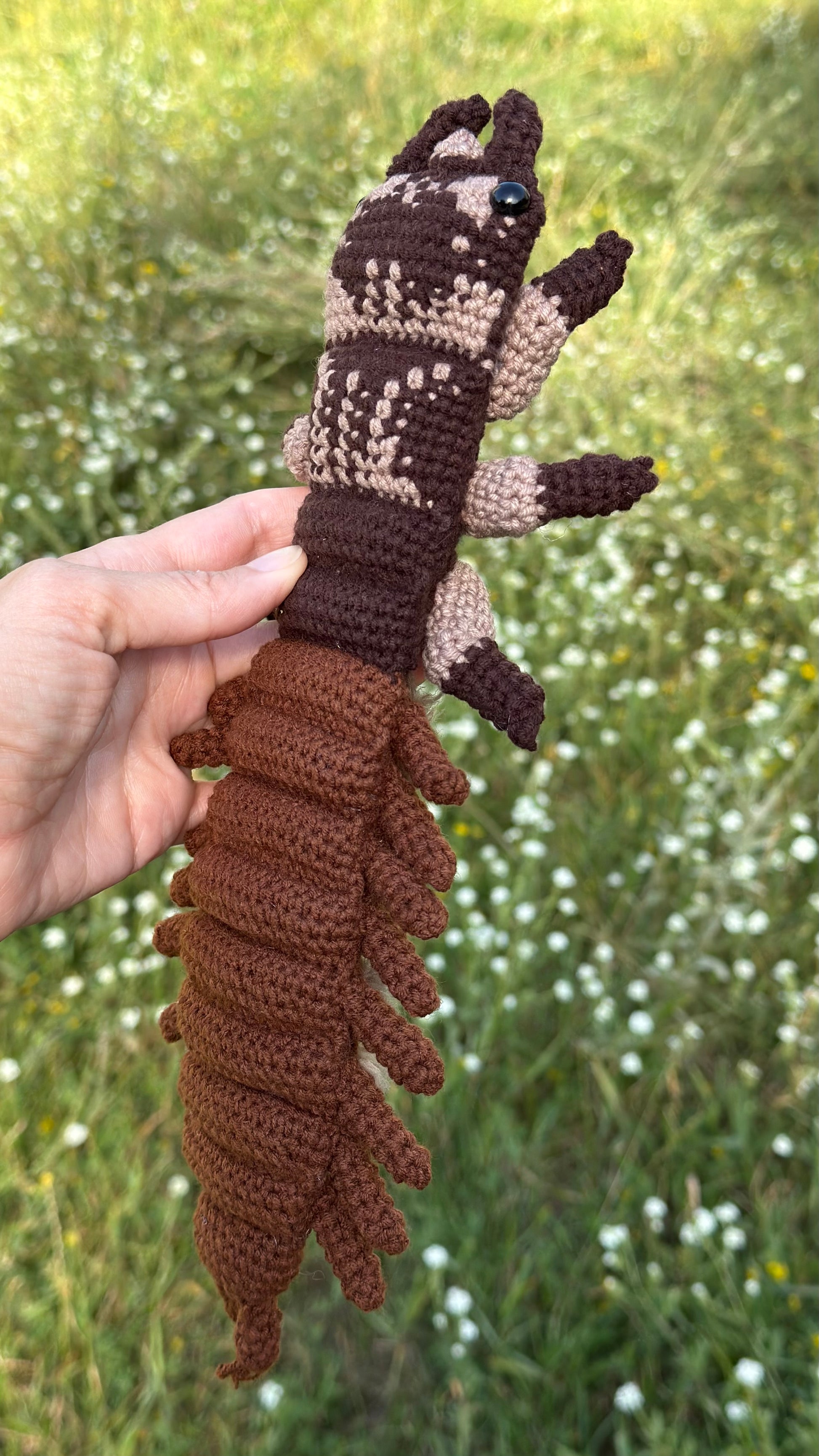 A hand holds a crocheted hellgrammite toy outdoors against a blurred green grassy background with small white flowers. The toy is made of brown, dark brown, and light beige yarn with black bead eyes.